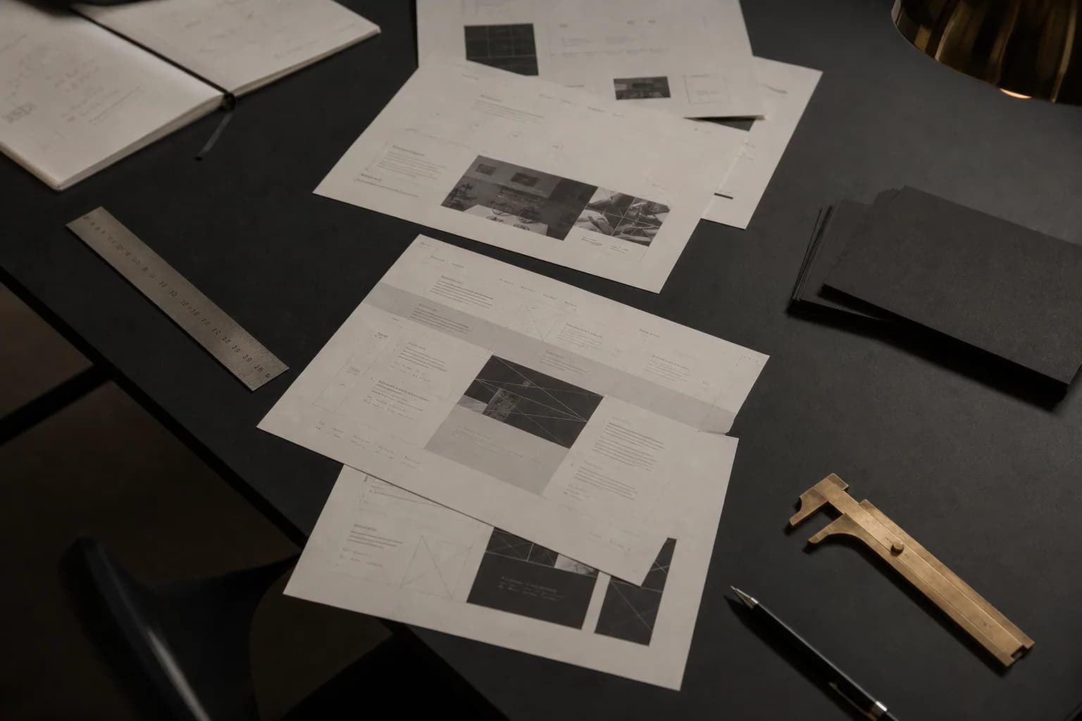 Printed website wireframes arranged with measuring tools on a dark studio table