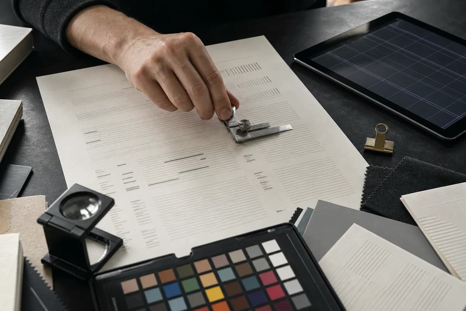 A designer checking spacing and typography proofs with precision tools