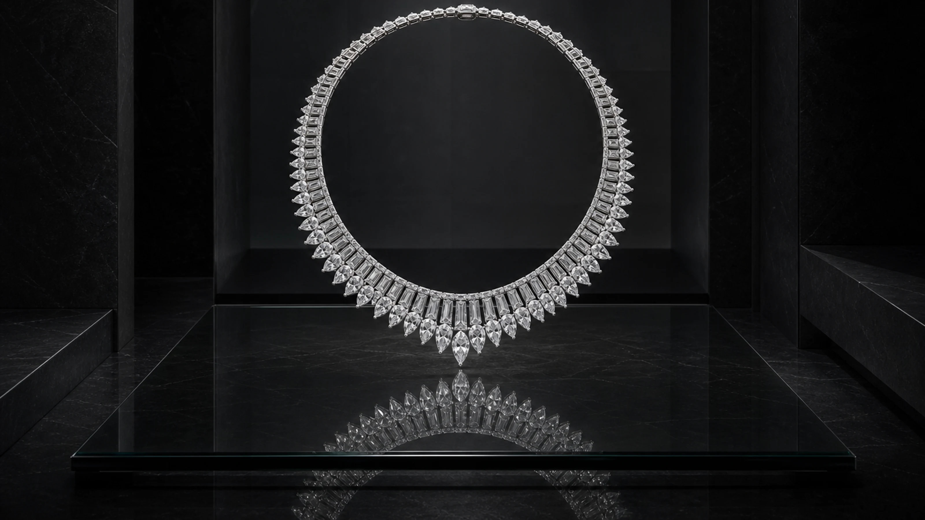 White-gold necklace presented inside a dark obsidian vault