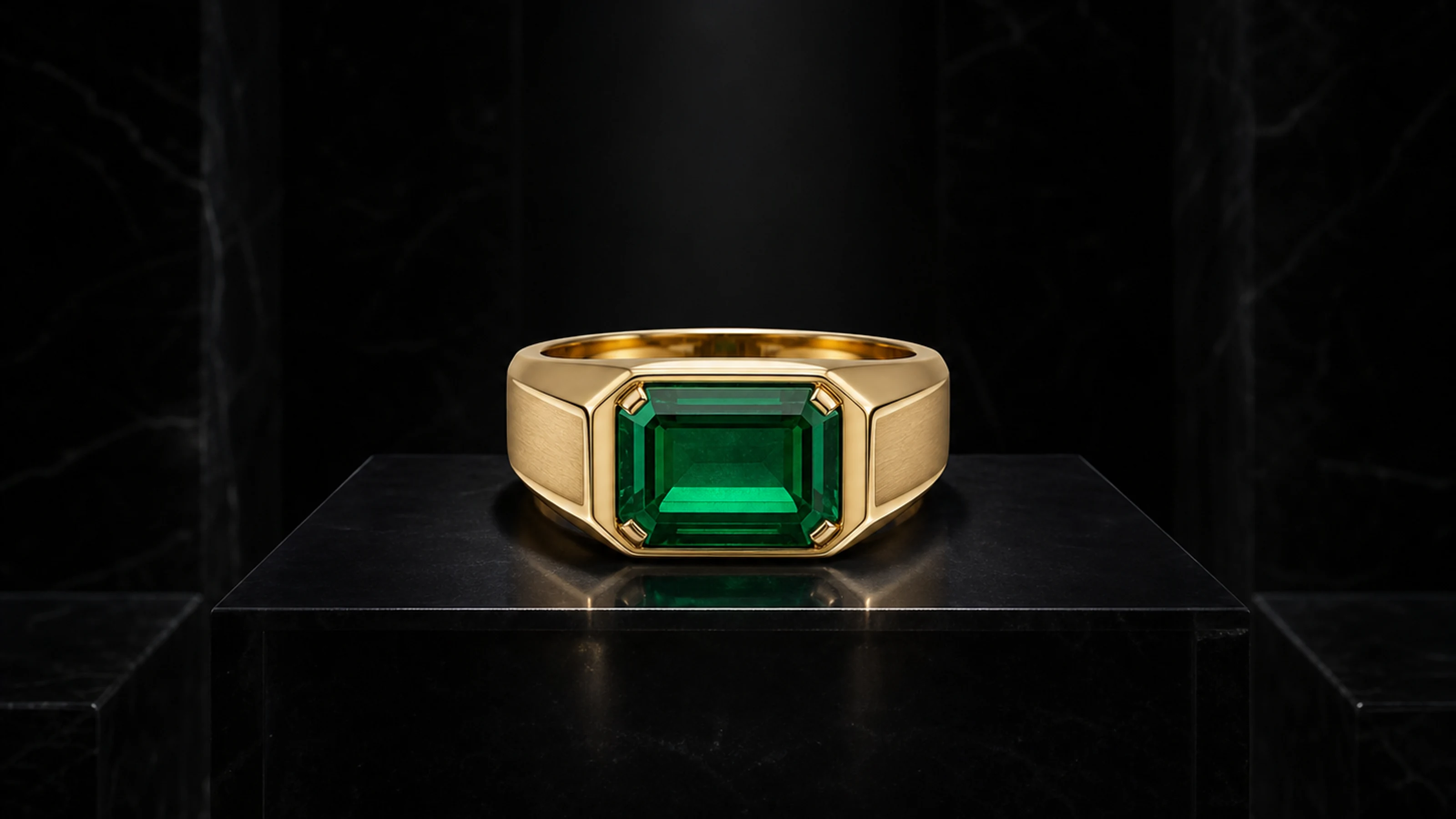 Vesper Emerald Signet centered in its black-stone collection vitrine
