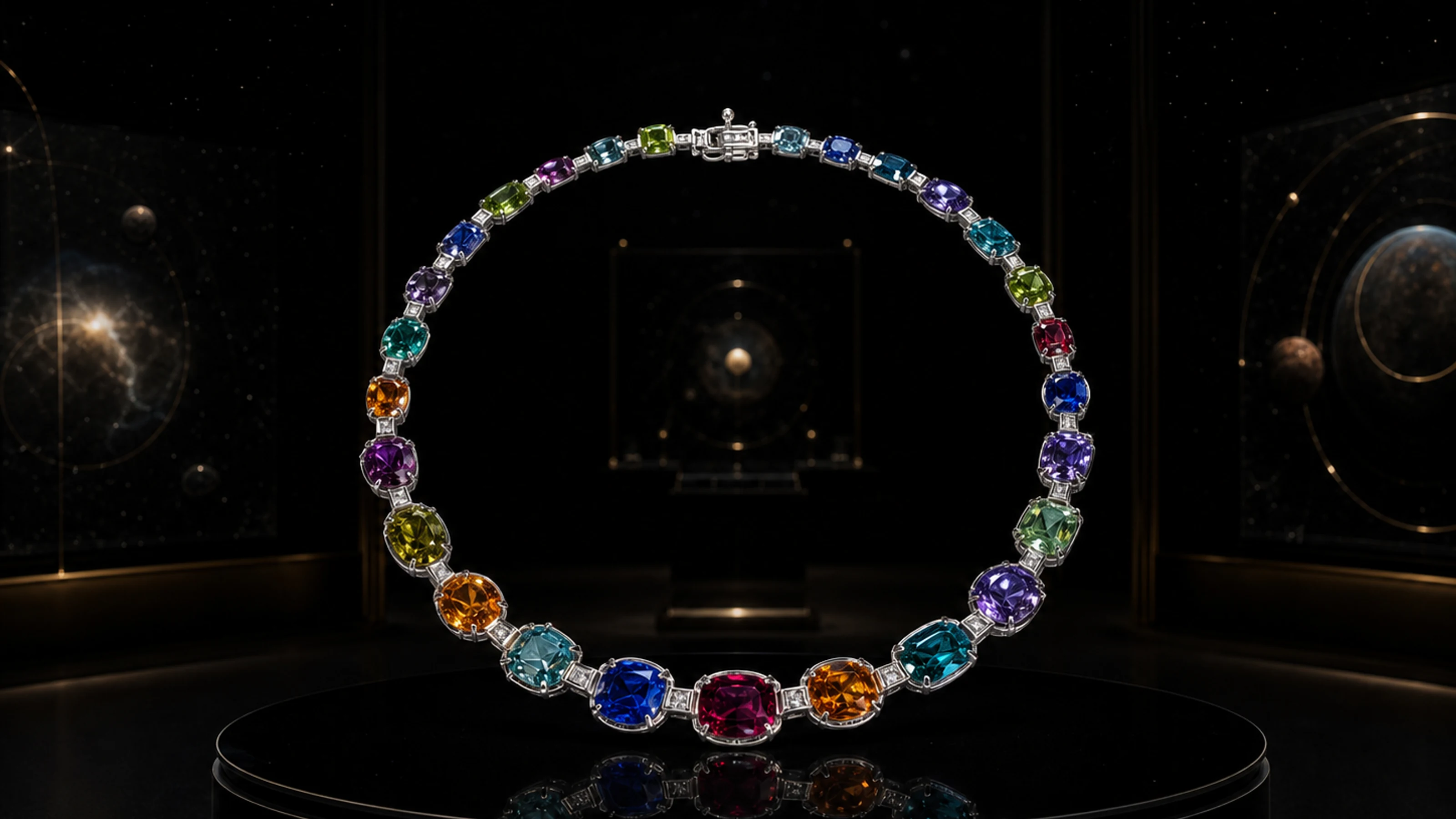 Celestial One Necklace in a dark gallery display