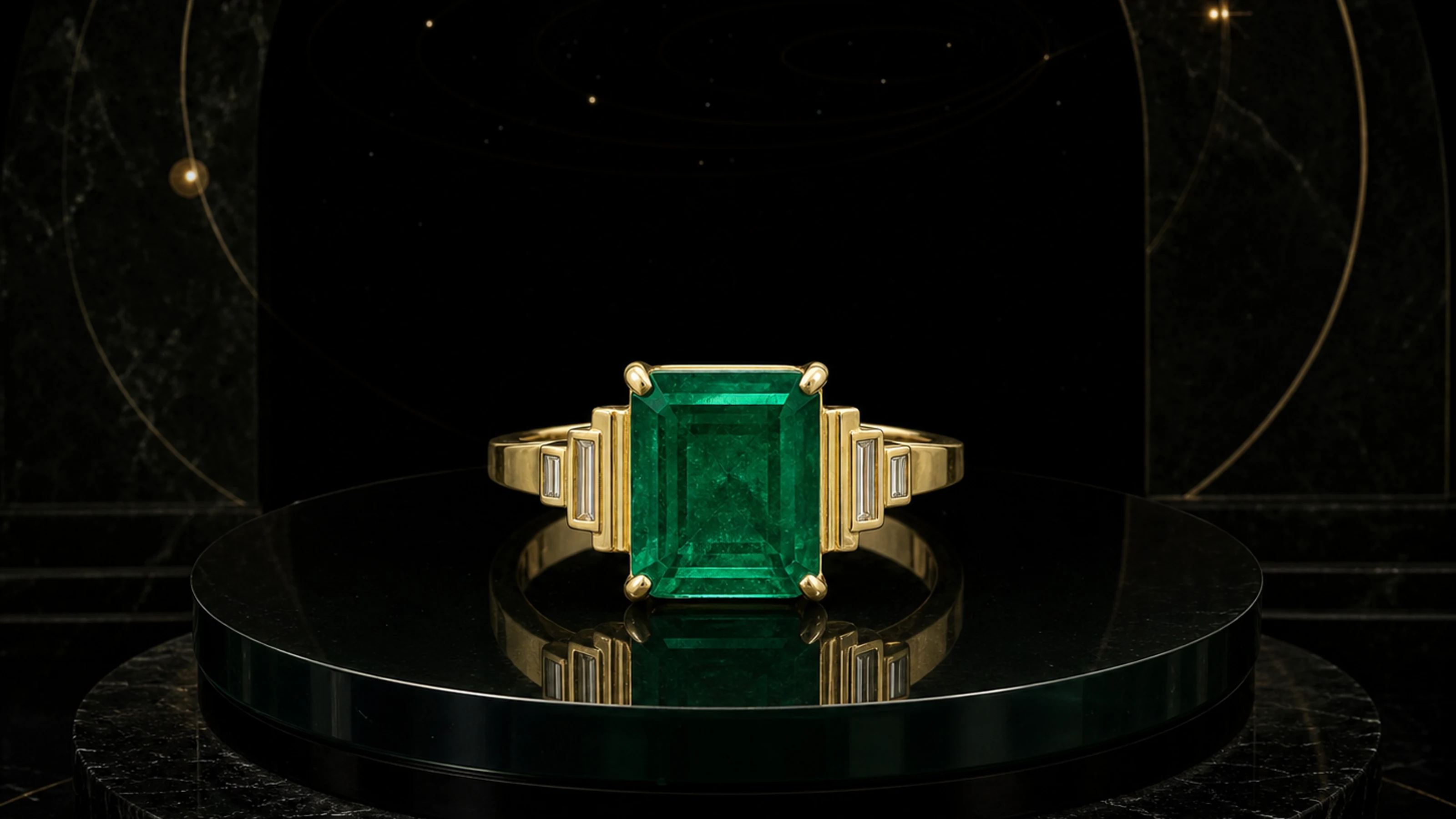 Verdant Origin Ring with an emerald-green step-cut center