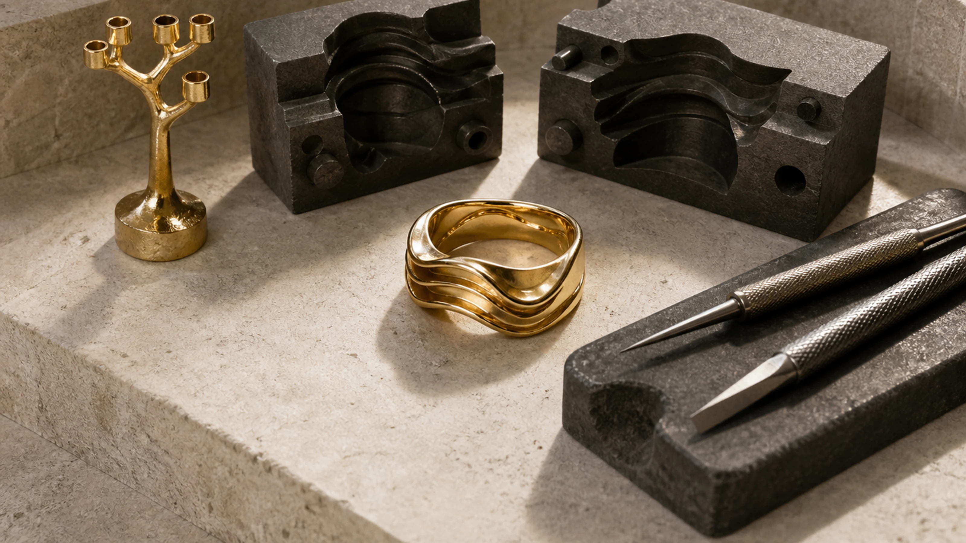 Goldsmith shaping a folded gold form by hand at a dark workbench