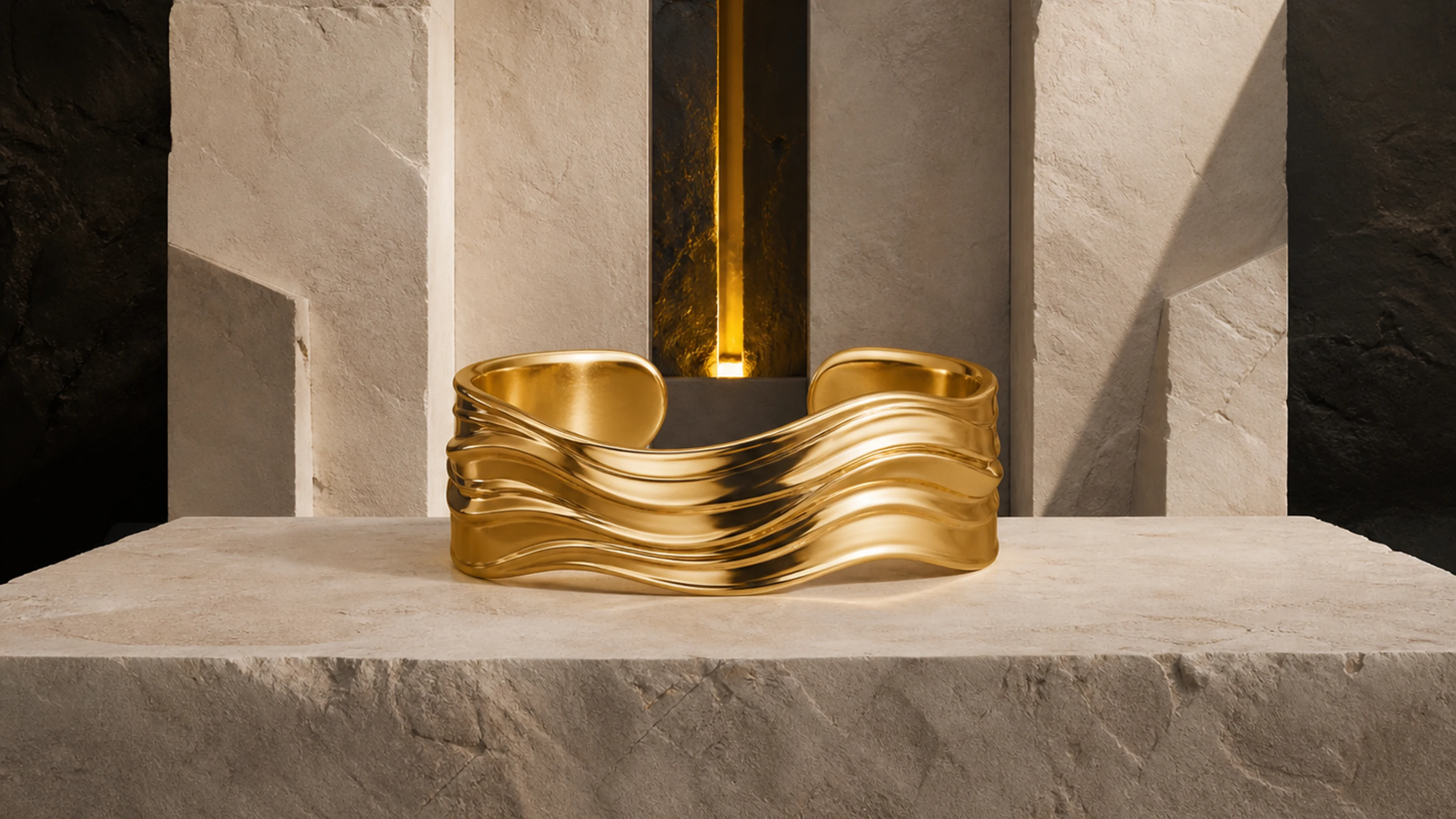 Sculptural gold collar and cuff displayed on stone