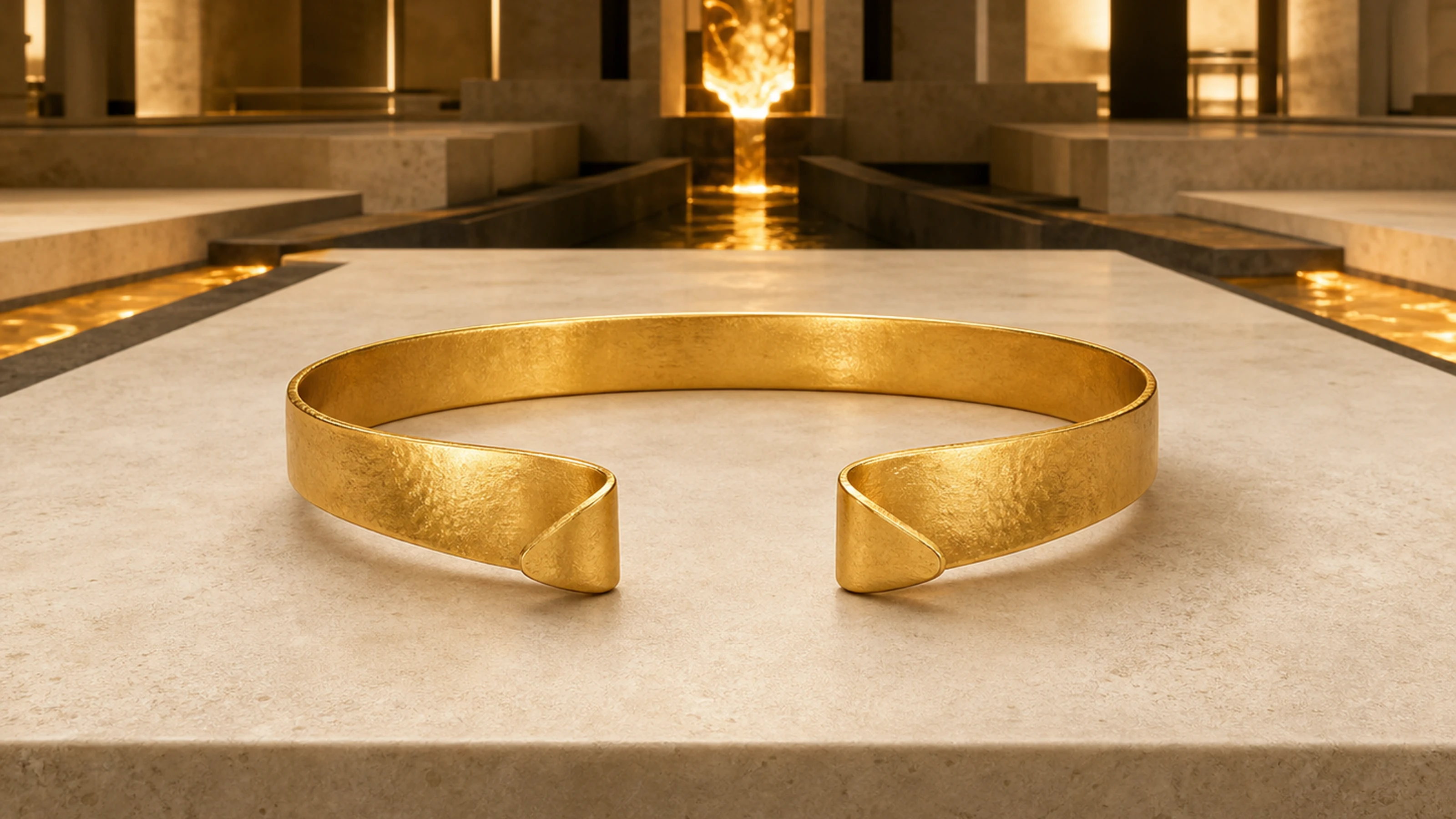 Open folded 18k gold cuff on black stone