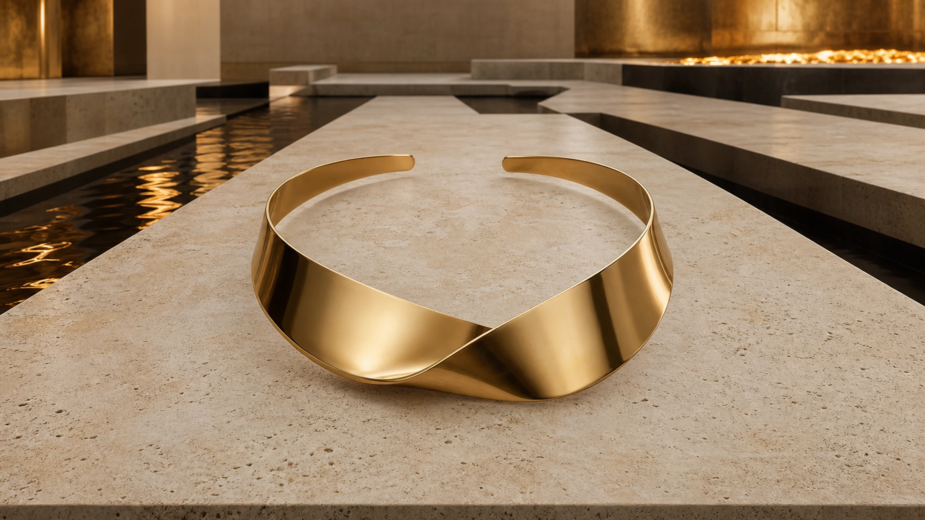 Folded 18k gold collar on a black stone plinth