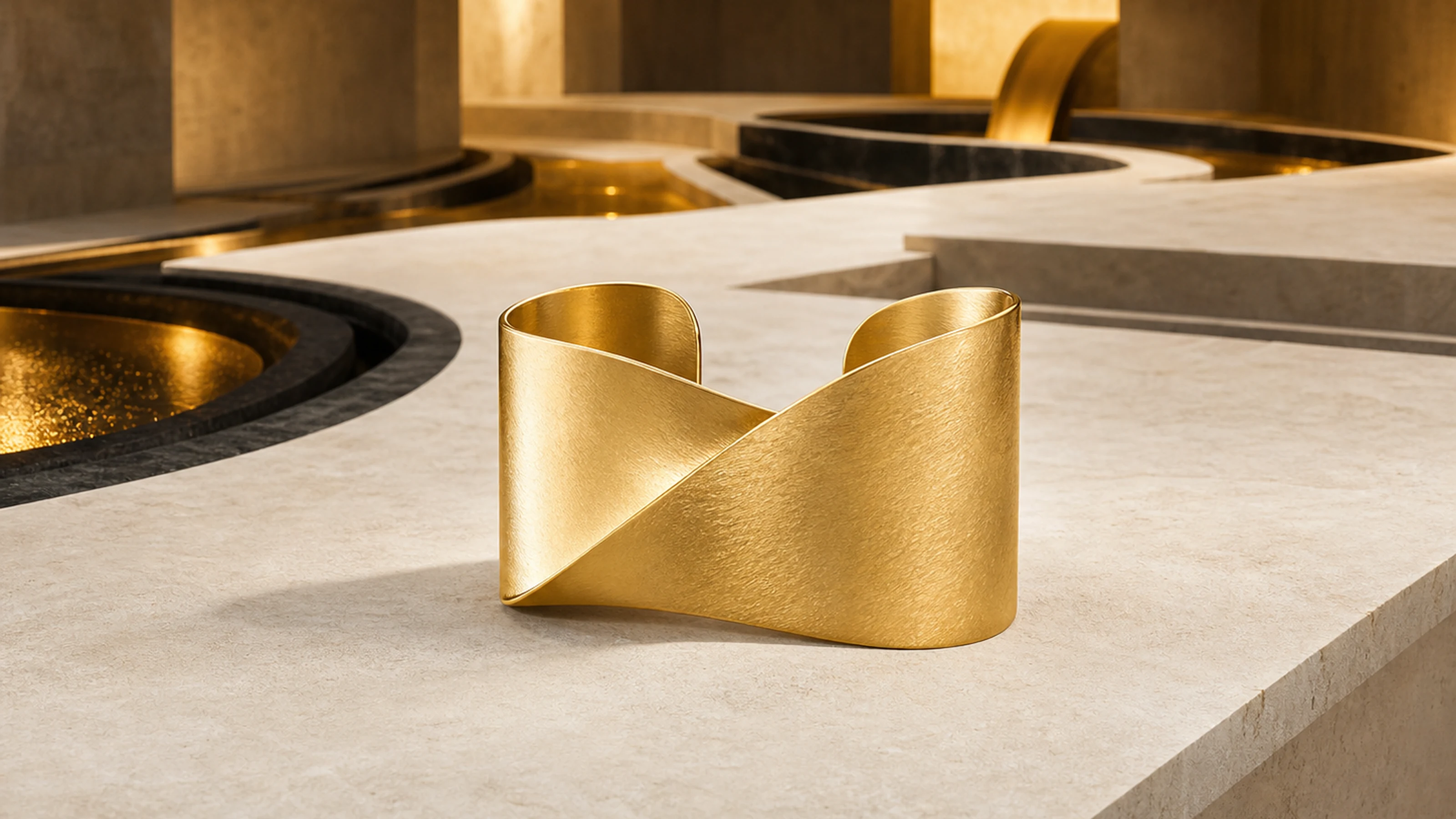 Completed articulated 18k gold cuff centered on a stone plinth