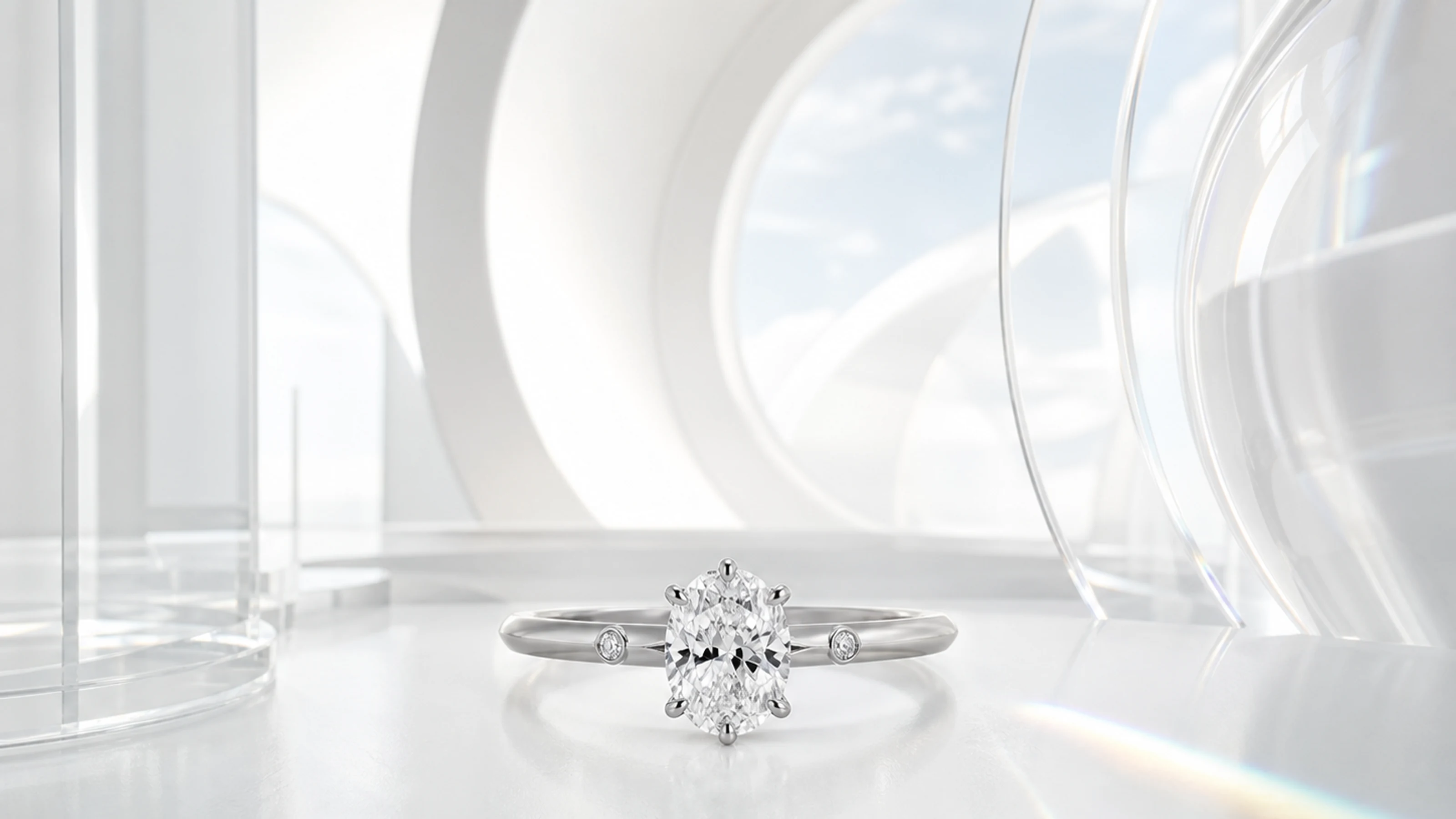 Oval diamond ring in the luminous Serein observatory