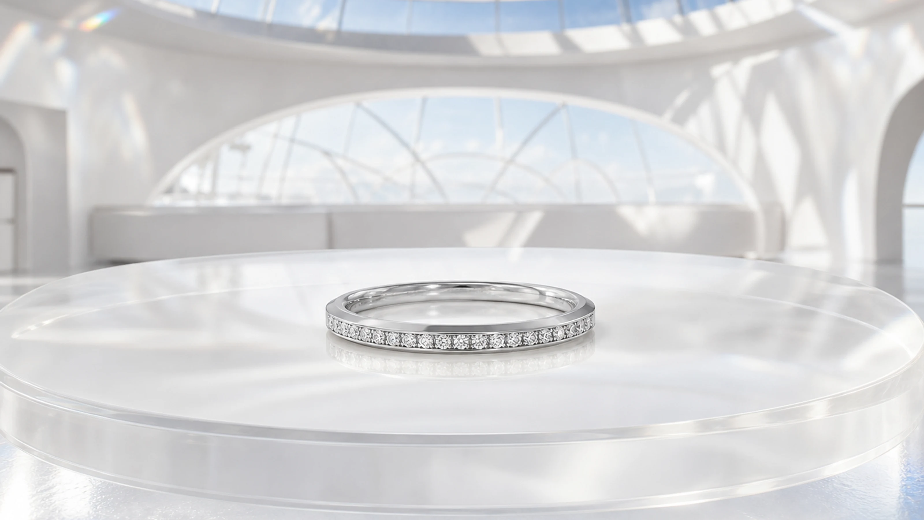 Platinum knife-edge band with a channel of diamonds