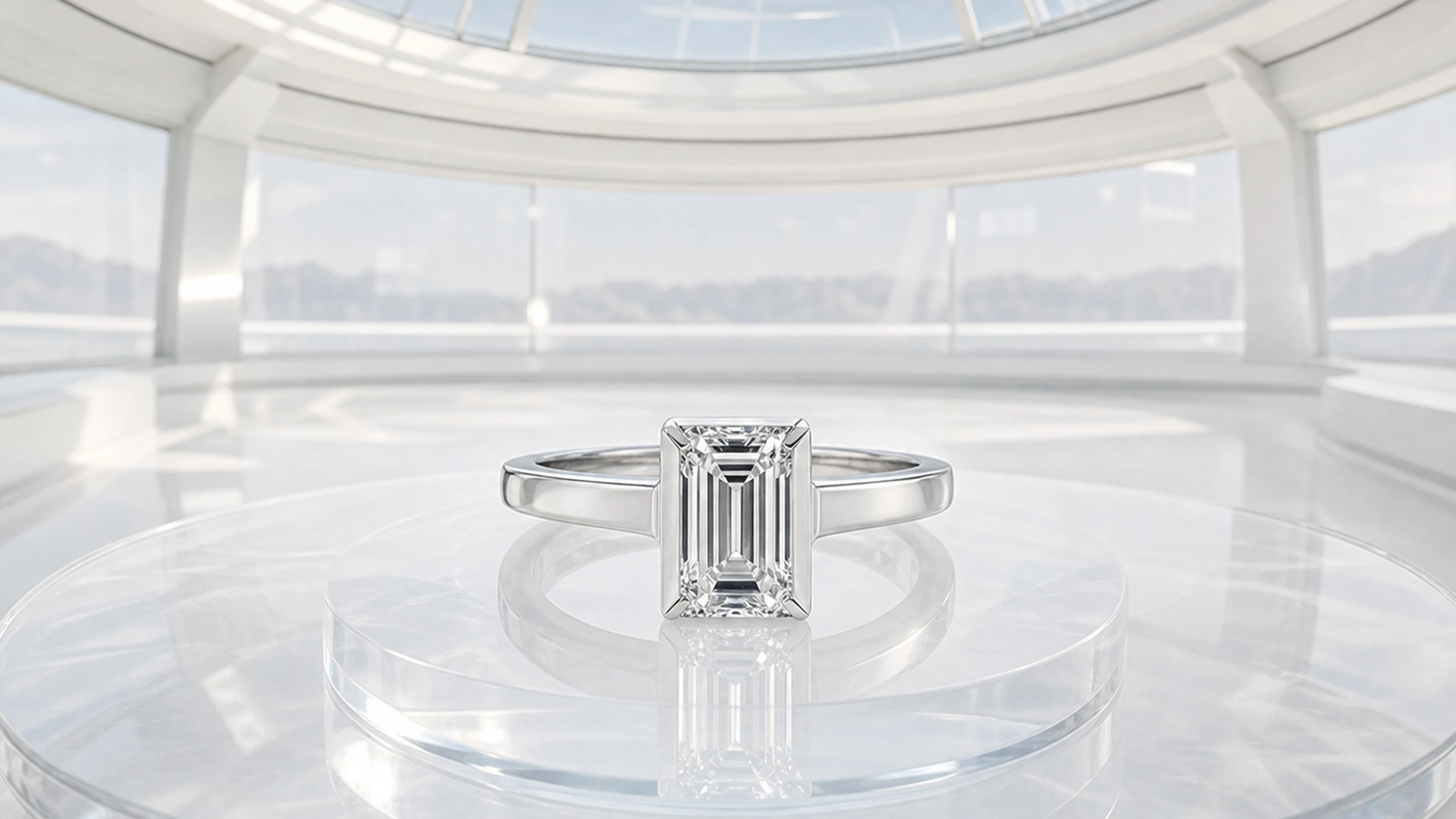 Emerald-cut diamond ring setting in platinum