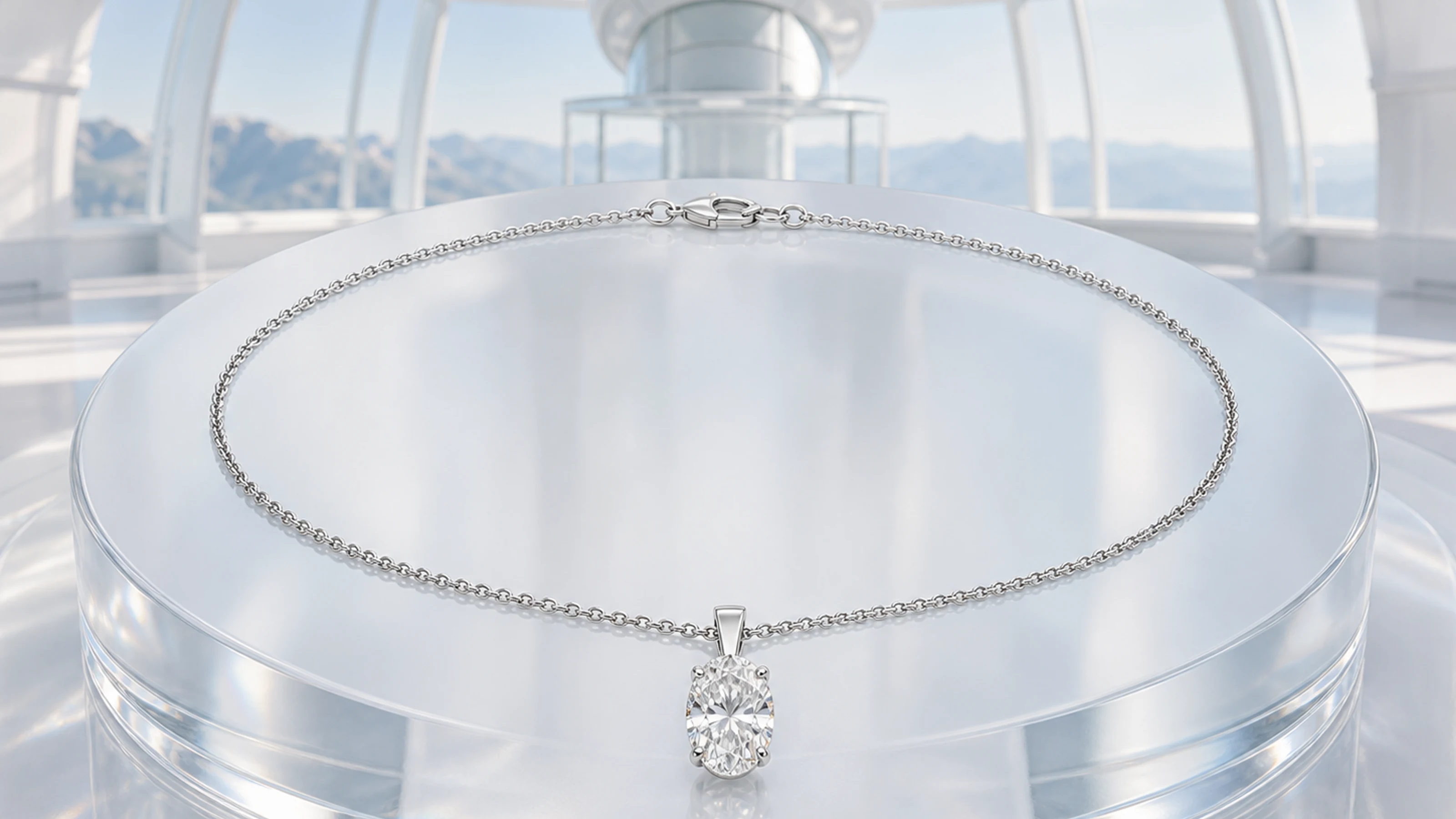 Oval diamond pendant on a platinum chain