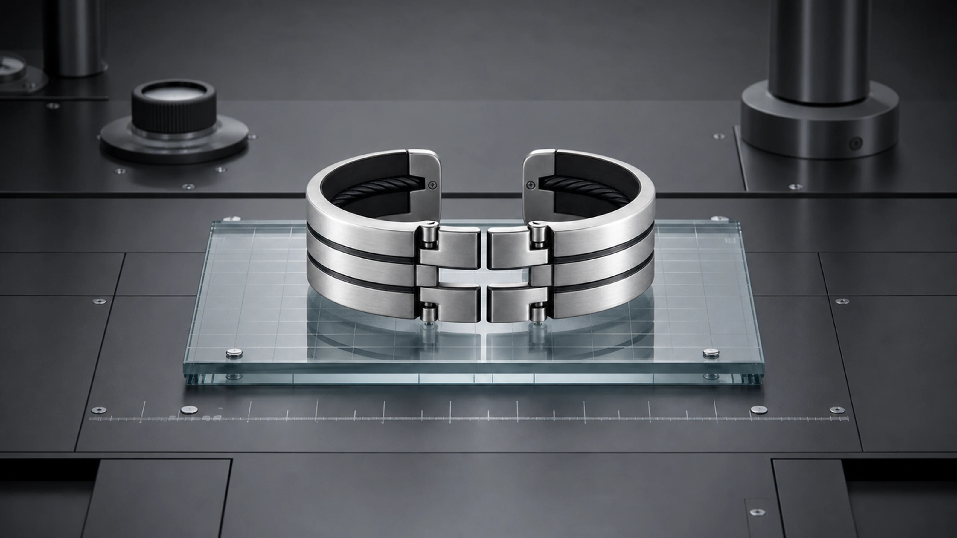 Hinge Cuff in brushed silver-tone with blackened channels