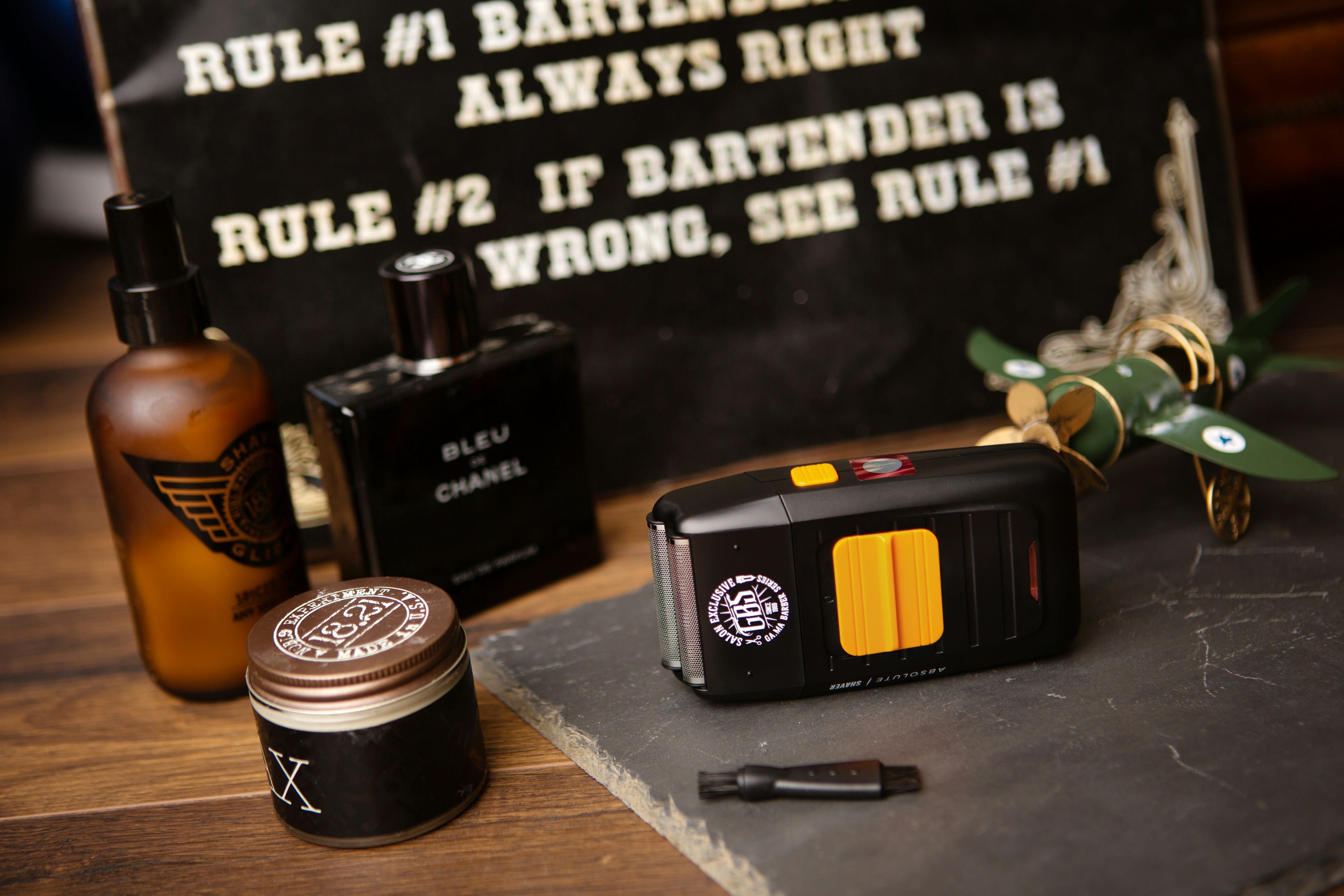 Grooming counter with products in a barbershop